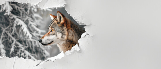 Graceful wolf glances through a snow-edged hole with a forested backdrop, symbolizing nature...