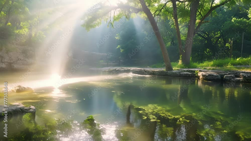 Poster the sparkling water of the natural pool enhanced by the rays of sunlight shining through the trees c