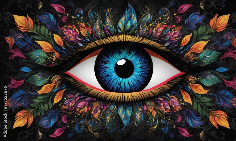 Poster this abstract eye is framed by an explosion of feathers in a kaleidoscopic arrangement, blending dar