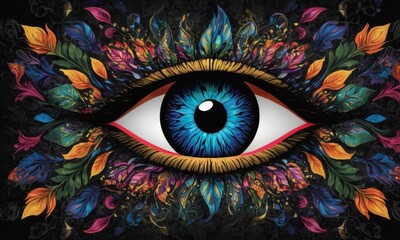This abstract eye is framed by an explosion of feathers in a kaleidoscopic arrangement, blending dark and vivid tones for a powerful artistic statement AI generation