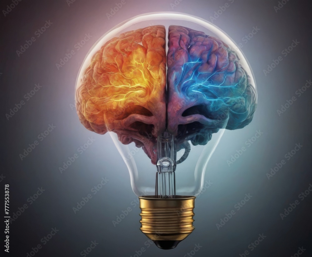 Poster this image features a lightbulb with a detailed brain model inside, split into warm and cool colors,