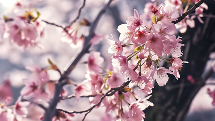 Obraz premium Cherry blossoms in full bloom with soft-focus background. Macro shot with bokeh effect. Springtime and nature concept for design and print