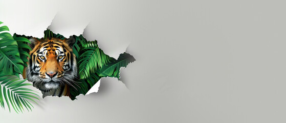 Fototapeta premium A stunning image showing an alert tiger emerging from a torn white paper amidst verdant green leaves