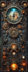 a unique Chrono Map that merges Victorian-era machinery with modern digital elements Think gears, cogs, and time-travel devices intertwined with digital displays and holographic projections - obrazy, fototapety, plakaty