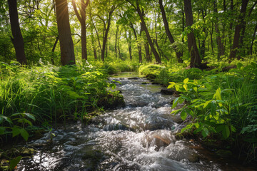 A stream of water flows through a lush green forest