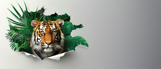 A visually striking depiction of a tiger's focused face appearing through a paper tear surrounded...