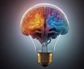 This image features a lightbulb with a detailed brain model inside, split into warm and cool colors, symbolizing different cognitive functions. AI generation