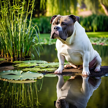 A Cool American Bully looking contemplative beside a tranquil pond with lily pads dragonflies and a weeping willow tree casting reflections on the water