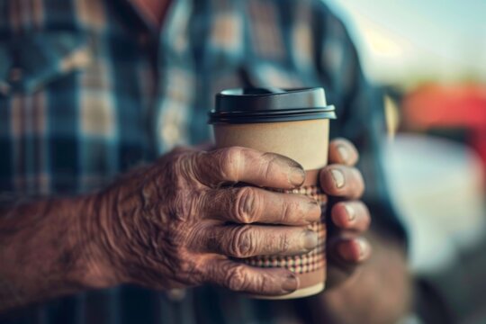 Weathered hands of a truck driver holding a coffee cup during a break