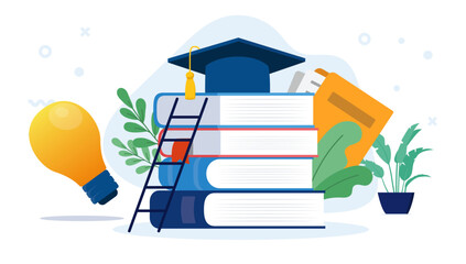School and education illustration - Decorative vector objects, books, graduation college hat and light bulbs on floor. Studying concept in flat design with white background
