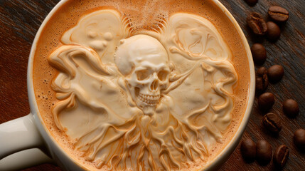 Skull on coffee with milk surface