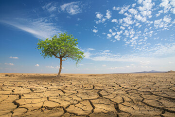A tree is standing in a barren desert