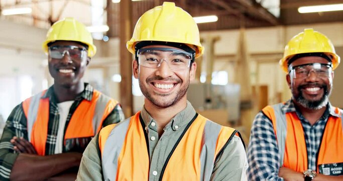 Portrait, leadership and carpenter in workshop, men with arms crossed for trade and confidence in workplace. Pride, carpentry and professional service, artisan team and partnership at factory