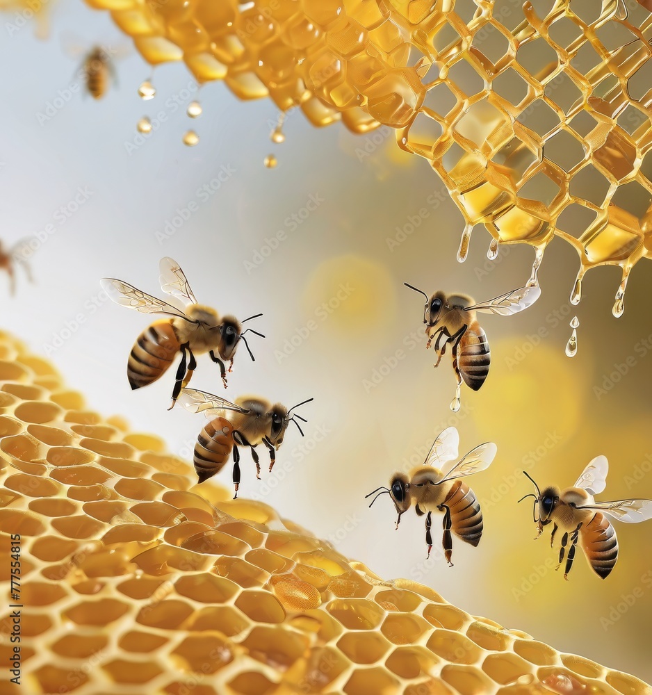 Poster a dynamic close-up of honey bees mid-flight, with wings aflutter around the dripping honeycomb, capt