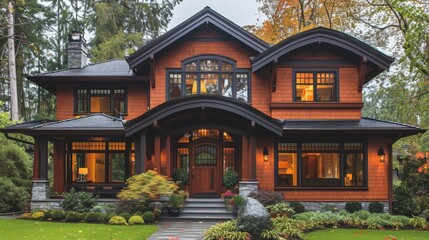 Fototapeta premium Craftsman house style features low-pitched roofs, overhanging eaves, exposed rafters, and natural materials like wood and stone, embodying warmth and simplicity. 