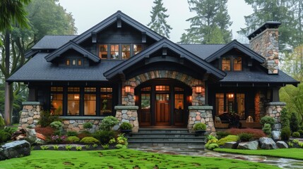 Fototapeta premium Craftsman houses boast charming features like low-pitched roofs, exposed rafters, and cozy front porches. Earthy tones and natural materials contribute to their warm, inviting appeal. 