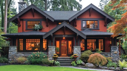 Fototapeta premium Exterior craftsman house styles feature low-pitched roofs, overhanging eaves, tapered columns, and natural materials like wood and stone, blending seamlessly with nature. 