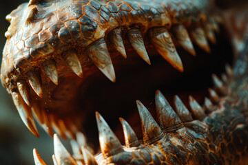 A close up of a dinosaur's mouth with sharp teeth