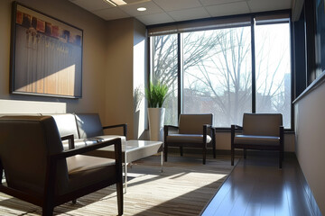 A room with a couch, chairs, and a potted plant