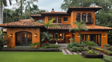 Obraz premium Exterior Mediterranean house styles boast stucco walls, terra cotta roofs, arched windows, and lush landscaping, exuding warmth and elegance. 