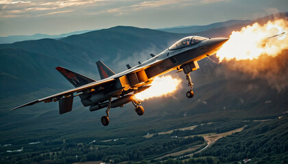 A fighter jet launches a missile with a bright flame. The jet is in the air with a backdrop of mountains. Generative AI
