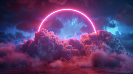 3D render of an abstract cloud, highlighted by a neon light ring against the dark night sky. The glowing geometric shape, a round frame, illuminates the scene