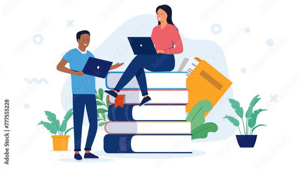 Leinwandbilder learning and education - two students with laptop computers and big stack of school books talking an
