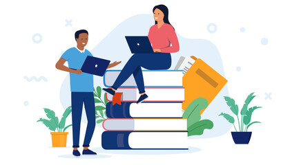 Learning and education - Two students with laptop computers and big stack of school books talking and discussing educational subject. Flat design vector illustration with white background