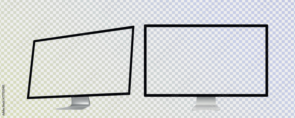 Fototapete Desktop pc vector mocup. monitor display with blank screen isolated on background. Computer display in two angles. Computer monitor isolated on transparent background