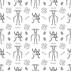 Abstract doodle monsters with knife and evil flower drawn stylish black and white pattern. For print, textile, abstract, painted, aliens