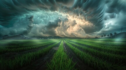an image using AI that vividly captures the essence of a rice field standing tall amid a turbulent storm, emphasizing the contrast between the crops and the menacing clouds attractive look - obrazy, fototapety, plakaty