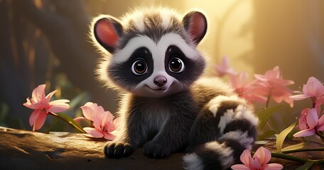 a baby of not real animal that looks like a mix of lemur and raccoon with big yellow eyes and tiny ears and round face and brown color of body and fluffy  - obrazy, fototapety, plakaty