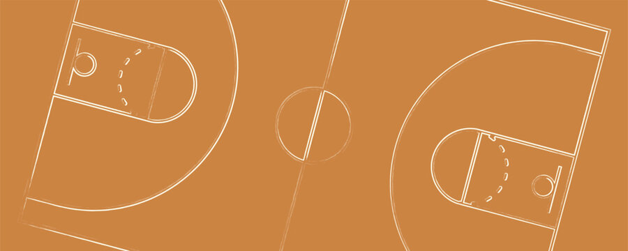 Basketball court markup. Outline of lines on basketball court. Competitive sport on the site. Stadium with markings. Vector stock graphics. To plan a strategy for sites and applications.