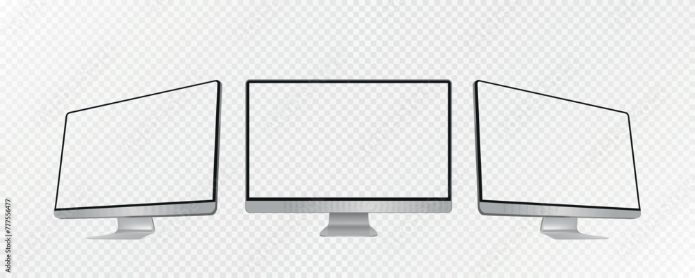 Fototapete Desktop pc vector mocup. monitor display with blank screen isolated on background. Computer display in two angles. Computer monitor isolated on transparent background