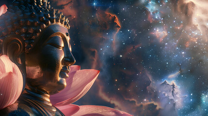 Buddha sculpture surrounded by lotus blossoms against a cosmic backdrop - obrazy, fototapety, plakaty