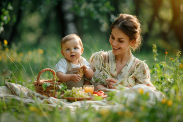 Mom and baby having happy moment in the flower garden field background, having fum with picnic time with family, baby playing with mother scene.