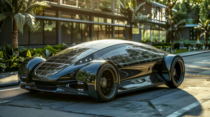 Futuristic solar-powered vehicle parked outdoors