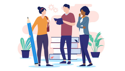 Group of students working - Three school people reading, studying and taking education together in front of stack of books. Educational knowledge concept in flat design vector illustration