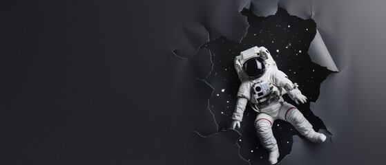This image depicts an astronaut breaking free from a dark paper void, reflecting themes of liberation and escaping the darkness - obrazy, fototapety, plakaty