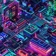 Vibrant Abstract Depiction of LZ Reverse Engineering - Binary, Microchips, and Intricate Code