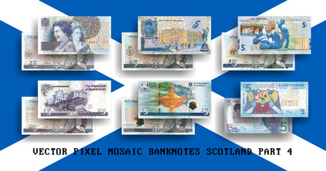 Vector set of pixel mosaic banknotes of Scotland. Collection of notes in denominations of 5 pounds. Obverse and reverse. Play money or flyers. Part 4