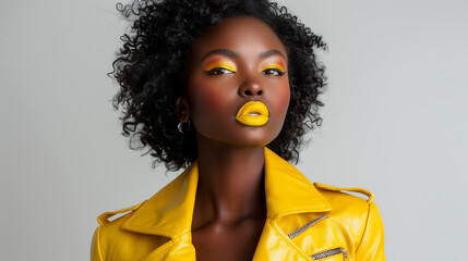 Bold and Beautiful: African American Model in Vibrant Yellow Fashion - obrazy, fototapety, plakaty