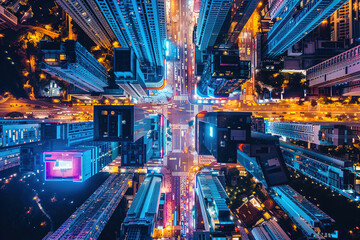 An aerial view of a bustling urban cityscape, fast-paced lifestyle and dynamic energy of metropolitan living, with skyscrapers and traffic below. - obrazy, fototapety, plakaty