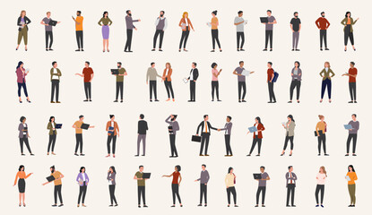 Office businesspeople collection - Large group of diverse business people in various poses at work with computers and devices. Flat design vector illustration set - obrazy, fototapety, plakaty