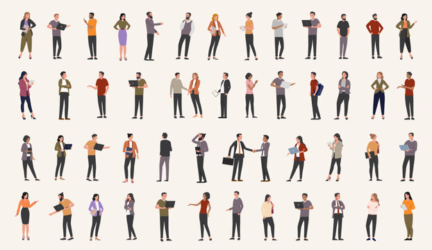 Office businesspeople collection - Large group of diverse business people in various poses at work with computers and devices. Flat design vector illustration set