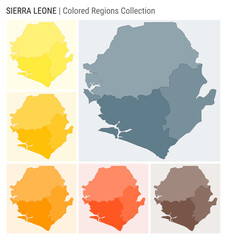 Sierra Leone map collection. Country shape with colored regions. Blue Grey, Yellow, Amber, Orange, Deep Orange, Brown color palettes. Border of Sierra Leone with provinces for your infographic.
