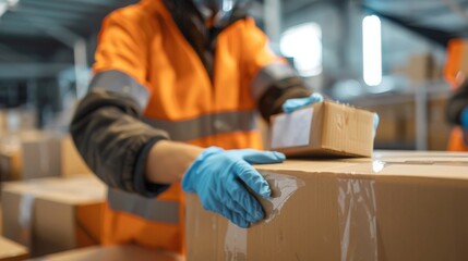 Close-up of a warehouse worker in safety vest sealing a cardboard box - obrazy, fototapety, plakaty