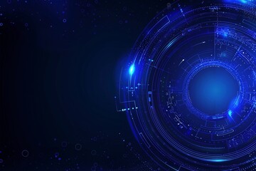 A minimalist vector art composition showcasing a piercing light beam against a deep blue backdrop, accented by a cluster of futuristic, digital circles