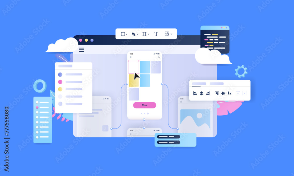 Poster UX mobil design prototype software - Computer browser screen working on app and web layout in design tool for professionals. Semi flat design vector illustration with blue background