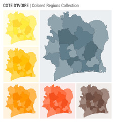 Ivory Coast map collection. Country shape with colored regions. Blue Grey, Yellow, Amber, Orange, Deep Orange, Brown color palettes. Border of Ivory Coast with provinces for your infographic.